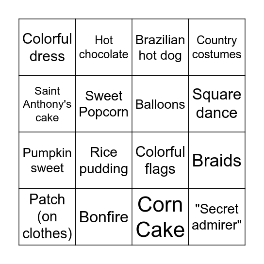Brazilian July Festival Bingo Card