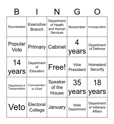 Executive Branch Bingo Card