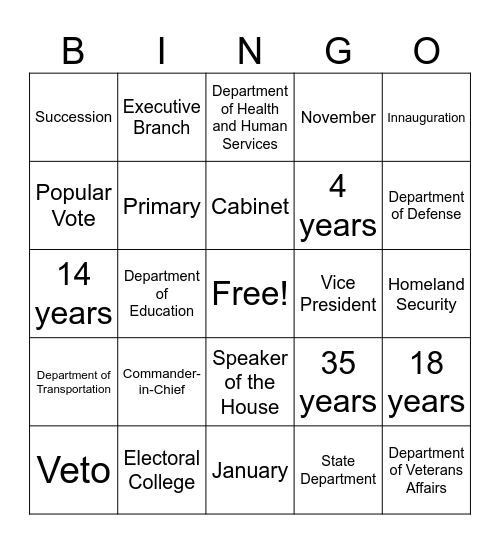 Executive Branch Bingo Card