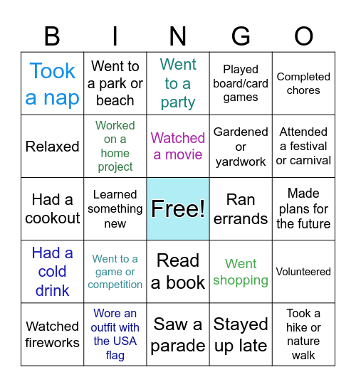Long Weekend Holiday Activities Bingo Card