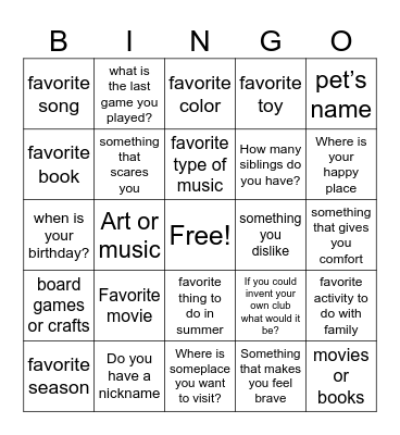 Getting to know you Bingo Card