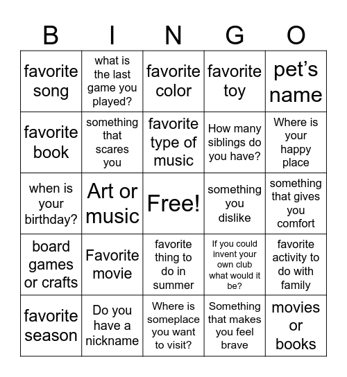 Getting to know you Bingo Card