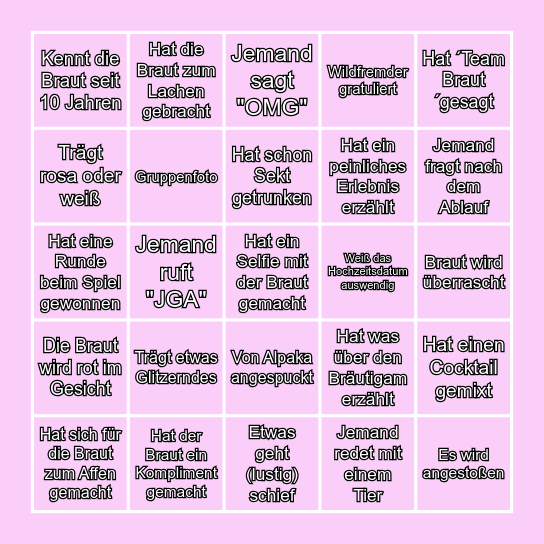 Bride Bingo Card