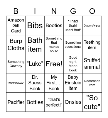 Luke's Baby Shower Bingo Card