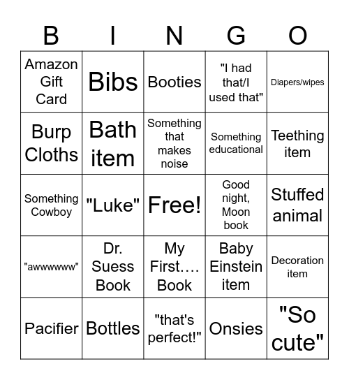 Luke's Baby Shower Bingo Card