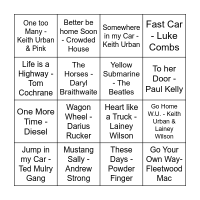 Road Trip Bingo Card