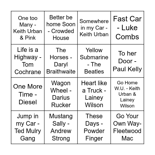 Road Trip Bingo Card