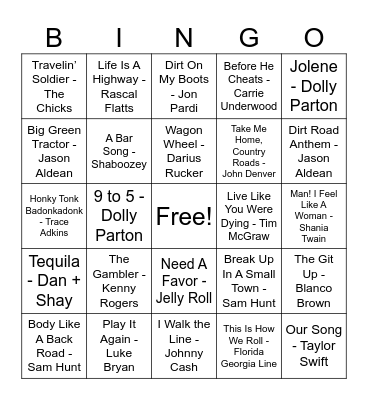 Country Music Bingo Card