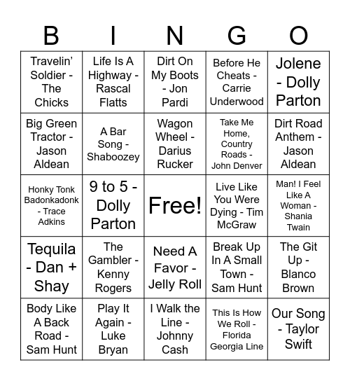 Country Music Bingo Card