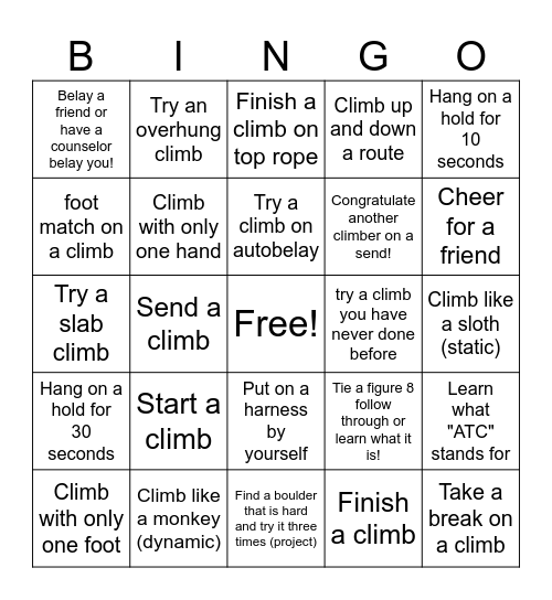 Climbing Bingo Card