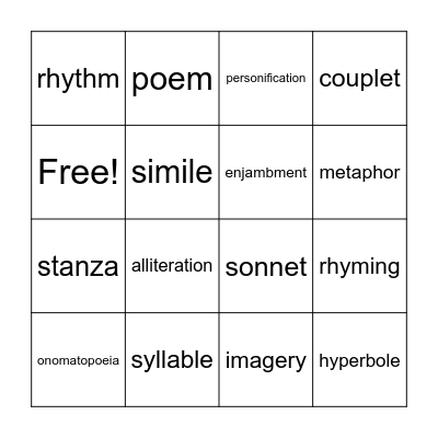 Poetry Vocabulary Bingo Card