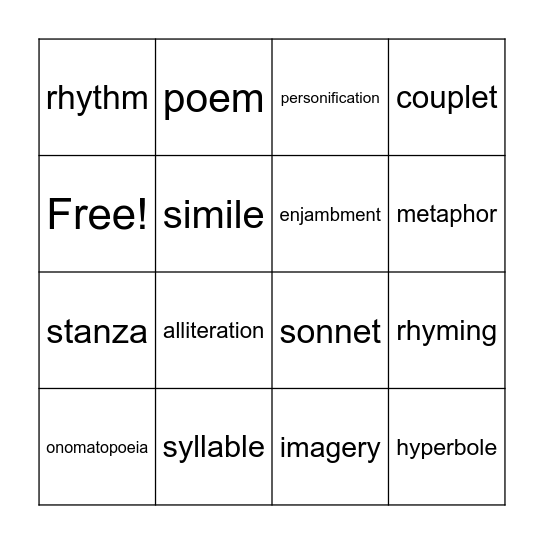 Poetry Vocabulary Bingo Card