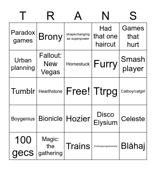 Transgender Bingo Card