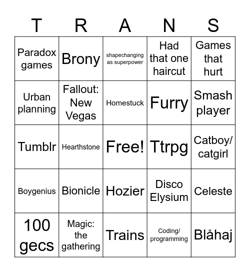 Transgender Bingo Card