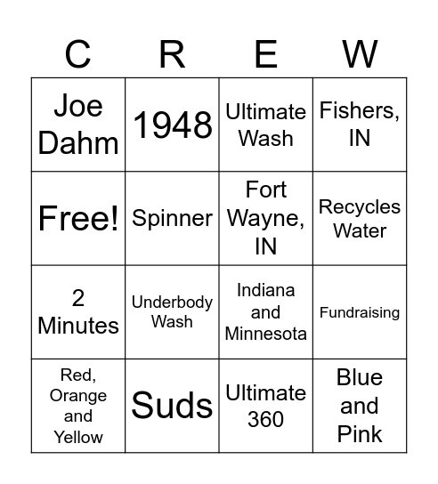 Crew Carwash Bingo Card