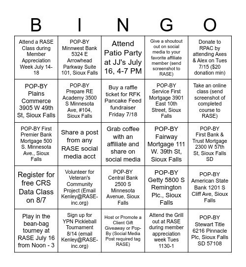 2025 RASE Member Appreciation Bingo Card