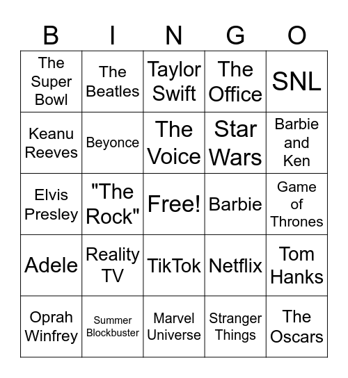 Pop Culture Bingo Card
