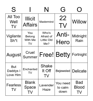 T-Swift Singo Bingo Card
