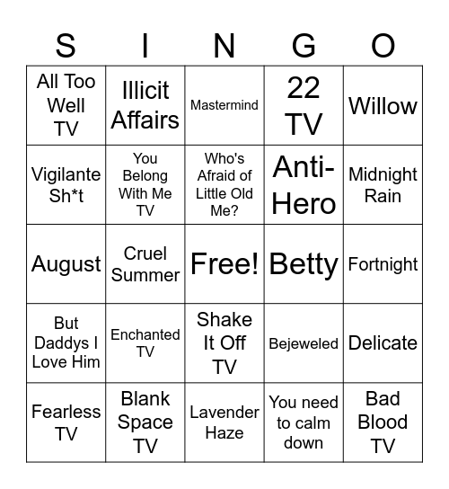 T-Swift Singo Bingo Card