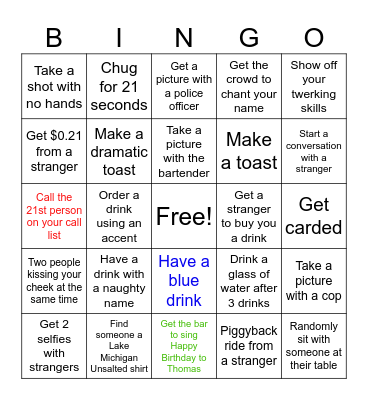 Thomas’ 21st Birthday BINGO Card