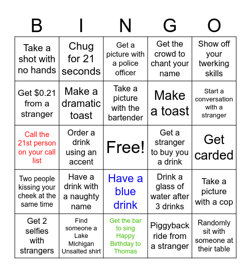 Thomas’ 21st Birthday BINGO Card