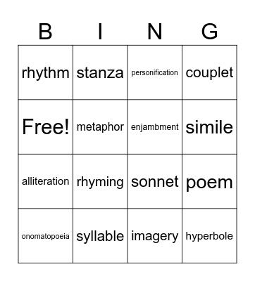 Poetry Vocabulary Bingo Card