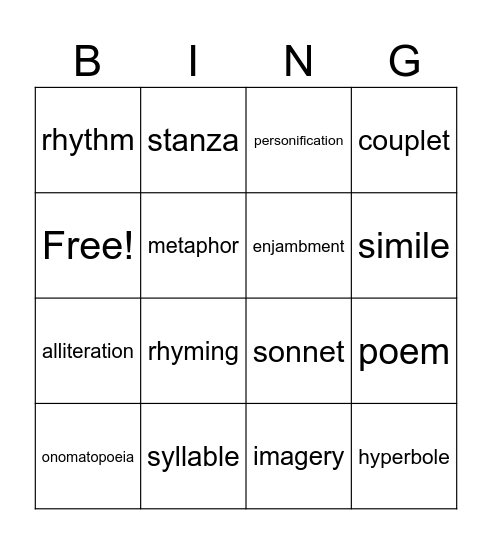 Poetry Vocabulary Bingo Card
