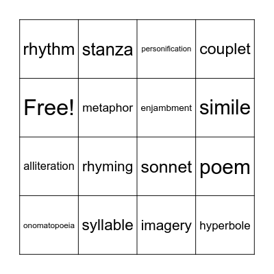 Poetry Vocabulary Bingo Card
