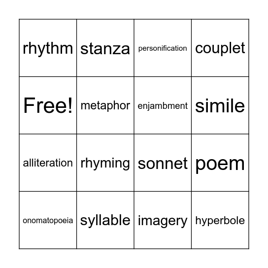 Poetry Vocabulary Bingo Card