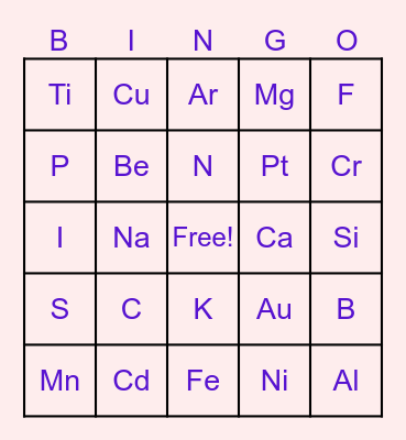 Element of Periodic Table Bingo Card