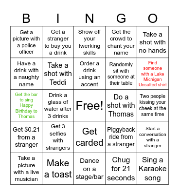 Thomas’ 21st Birthday BINGO Card