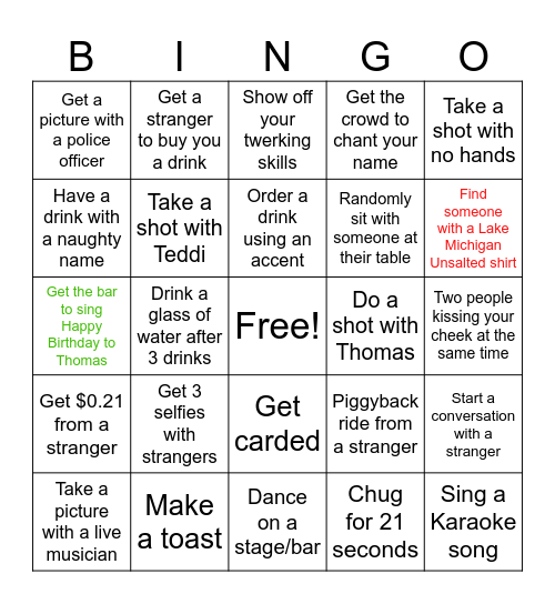 Thomas’ 21st Birthday BINGO Card