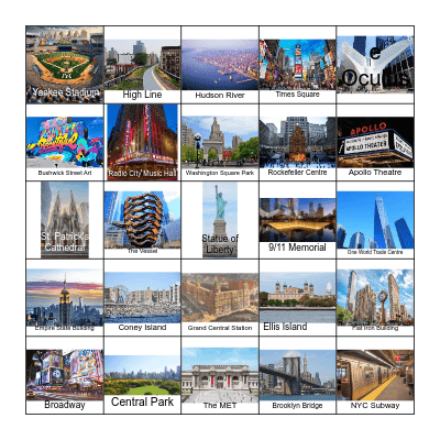 New York City Sights Bingo Card