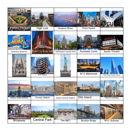 New York City Sights Bingo Card