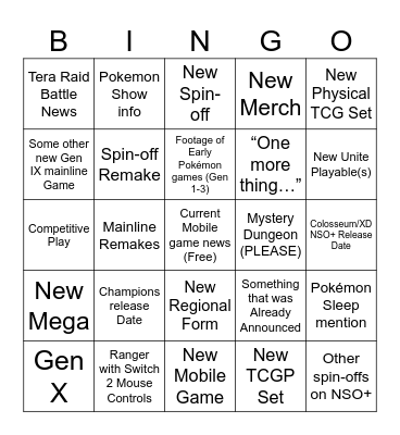 Pokémon Direct Bingo Card