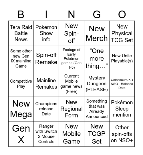 Pokémon Direct Bingo Card