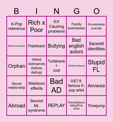 Romantic Comedy bingo (KDrama) Bingo Card