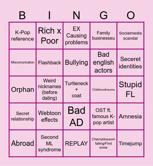 Romantic Comedy bingo (KDrama) Bingo Card