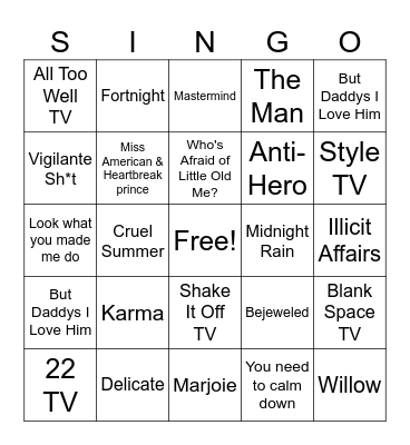 T-Swift Singo Bingo Card