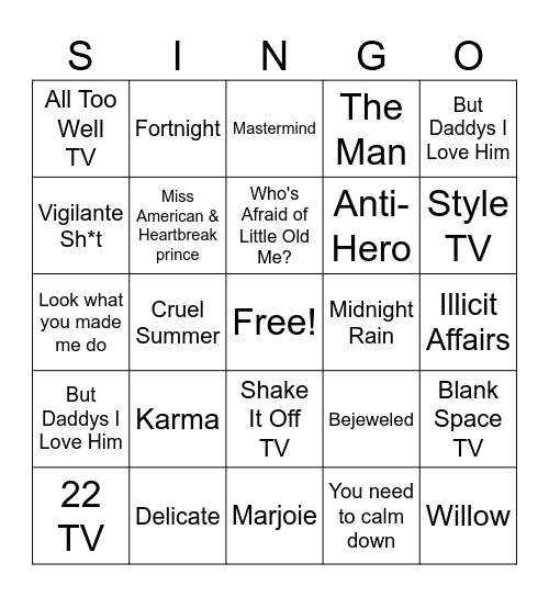T-Swift Singo Bingo Card