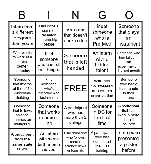 Collaborative Internship Icebreaker Bingo Card