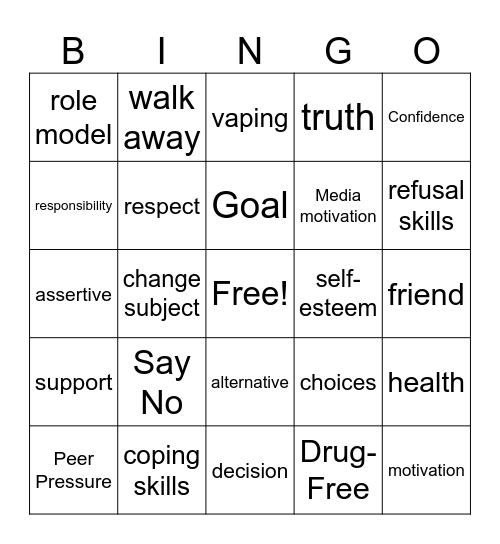 Drug Free Bingo Card