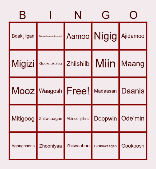 Anishinaabemowin Bingo! Bingo Card