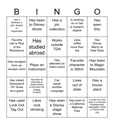 Summer Intern Bingo Card