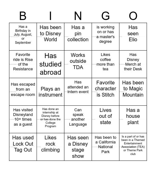 Summer Intern Bingo Card