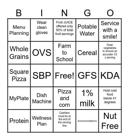School Nutrition Bingo! Bingo Card
