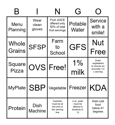 School Nutrition Bingo! Bingo Card