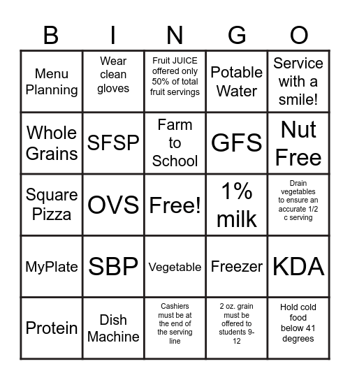 School Nutrition Bingo! Bingo Card