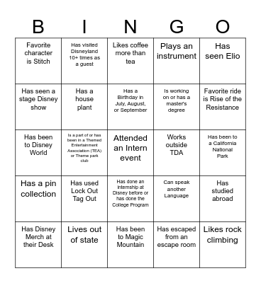 Summer Intern Bingo Card