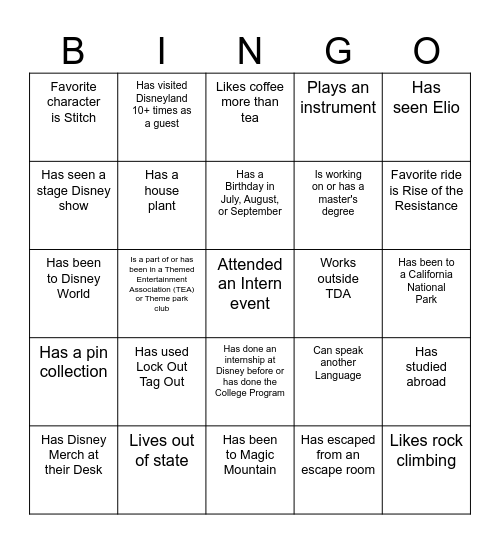 Summer Intern Bingo Card